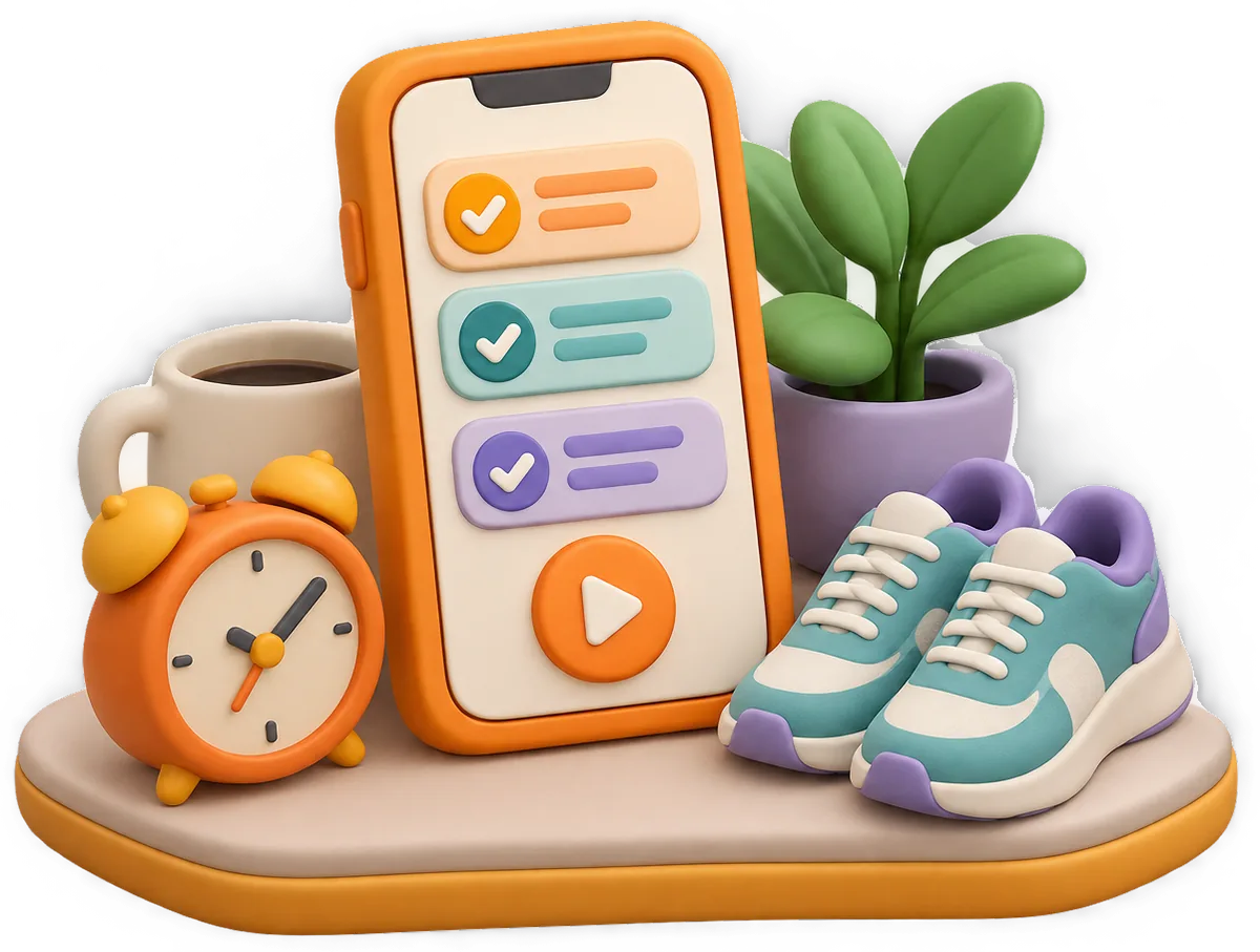 Toy-like illustration of a phone showing a routine checklist and a play button, next to an alarm clock, a coffee mug, a plant and sneakers